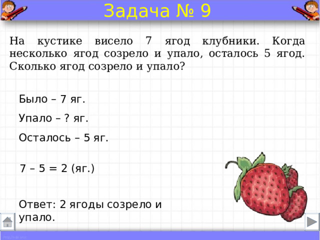 Задача № 9 На кустике висело 7 ягод клубники. Когда несколько ягод созрело и упало, осталось 5 ягод. Сколько ягод созрело и упало? Было – 7 яг.  Упало – ? яг.  Осталось – 5 яг. 7 – 5 = 2 (яг.) Ответ: 2 ягоды созрело и упало. 