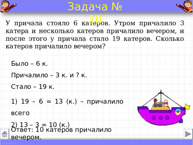 Задача № 20 У причала стояло 6 катеров. Утром причалило 3 катера и несколько катеров причалило вечером, и после этого у причала стало 19 катеров. Сколько катеров причалило вечером? Было – 6 к. Причалило – 3 к. и ? к.  Стало – 19 к. 1) 19 – 6 = 13 (к.) – причалило всего 2) 13 – 3 = 10 (к.) Ответ: 10 катеров причалило вечером . 