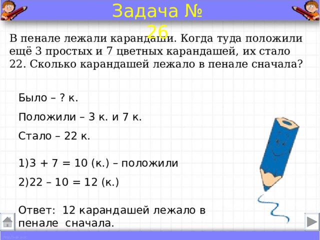 Задача № 26 В пенале лежали карандаши. Когда туда положили ещё 3 простых и 7 цветных карандашей, их стало 22. Сколько карандашей лежало в пенале сначала? Было – ? к. Положили – 3 к. и 7 к.  Стало – 22 к. 1)3 + 7 = 10 (к.) – положили 2)22 – 10 = 12 (к.) Ответ: 12 карандашей лежало в пенале сначала. 
