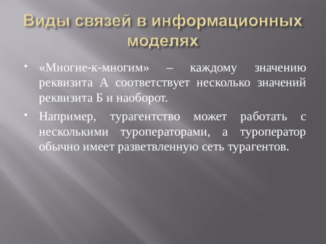 «Многие-к-многим» – каждому значению реквизита А соответствует несколько значений реквизита Б и наоборот. Например, турагентство может работать с несколькими туроператорами, а туроператор обычно имеет разветвленную сеть турагентов. 