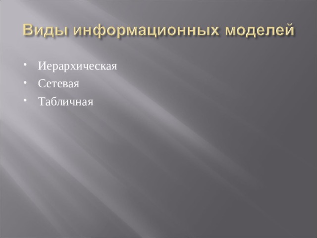 Иерархическая Сетевая Табличная 