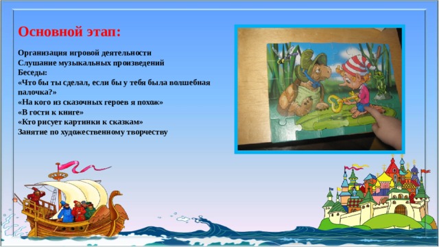 Основной этап: Организация игровой деятельности  Слушание музыкальных произведений   Беседы:  «Что бы ты сделал, если бы у тебя была волшебная палочка?»  «На кого из сказочных героев я похож»  «В гости к книге»  «Кто рисует картинки к сказкам»  Занятие по художественному творчеству   