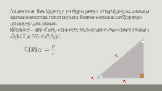 Аныктама: Тик бурчтуу үч бурчтуктун тар бурчуна жанаша жаткан катеттин гипотенузага болгон катышы ал бурчтун косинусу деп аталат.   Косинус – лат. Сөзү, «синусту толуктагыч» же «синус менен бирге» деген мааниде. В cos   с а С А b 