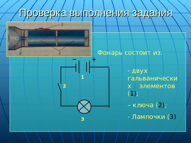 Проверка выполнения задания Фонарь состоит из: - двух гальванических элементов ( 1) ; – ключа ( 2) ; - Лампочки ( 3) 1 2 3 