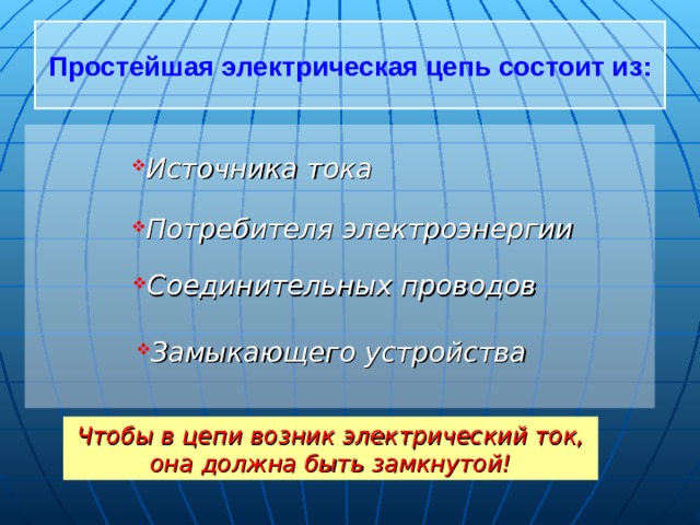 Простейшая электрическая цепь состоит из:   Источника тока Потребителя электроэнергии Соединительных проводов Замыкающего устройства Чтобы в цепи возник электрический ток, она должна быть замкнутой! 