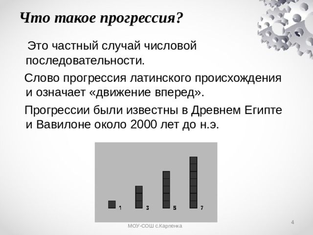 Что такое прогрессия?  Это частный случай числовой последовательности.  Слово прогрессия латинского происхождения и означает «движение вперед».  Прогрессии были известны в Древнем Египте и Вавилоне около 2000 лет до н.э. Михайлова Г.И. учитель математики МОУ-СОШ с.Карпенка  