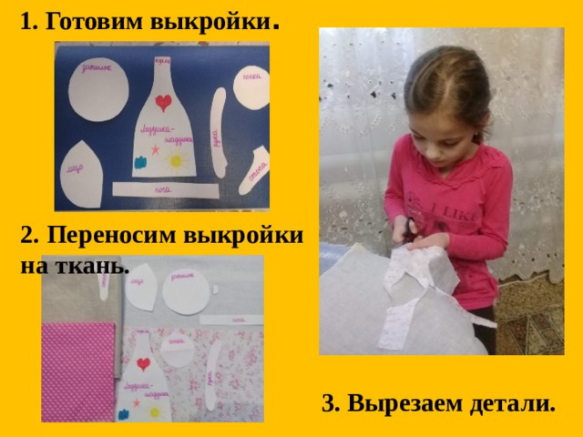 1. Готовим выкройки . 2. Переносим выкройки на ткань. 3. Вырезаем детали. 