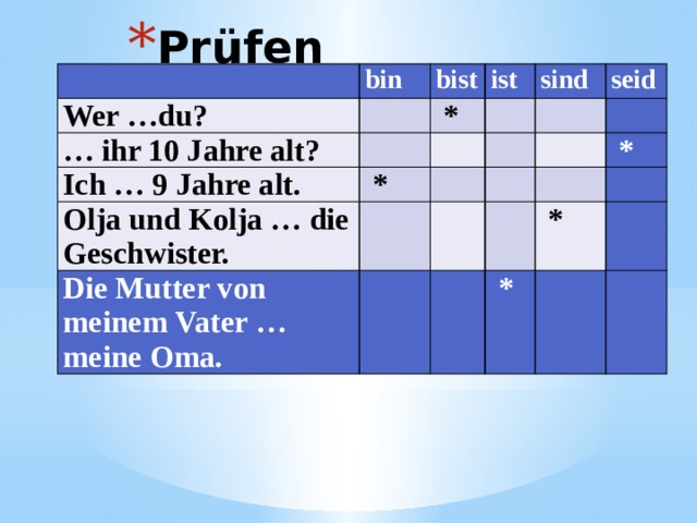 Prüfen wir   Wer …du? bin   … ihr 10 Jahre alt? bist ist   *   Ich … 9 Jahre alt.     *   sind Olja und Kolja … die Geschwister. seid       Die Mutter von meinem Vater … meine Oma.               *           *   *       