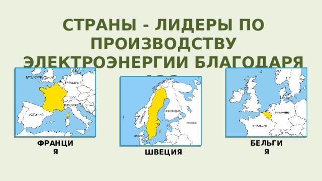 СТРАНЫ - ЛИДЕРЫ ПО ПРОИЗВОДСТВУ ЭЛЕКТРОЭНЕРГИИ БЛАГОДАРЯ АЭС ФРАНЦИЯ БЕЛЬГИЯ ШВЕЦИЯ 