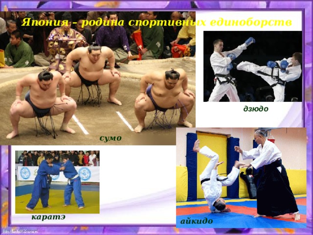 Япония – родина спортивных единоборств дзюдо сумо каратэ айкидо 