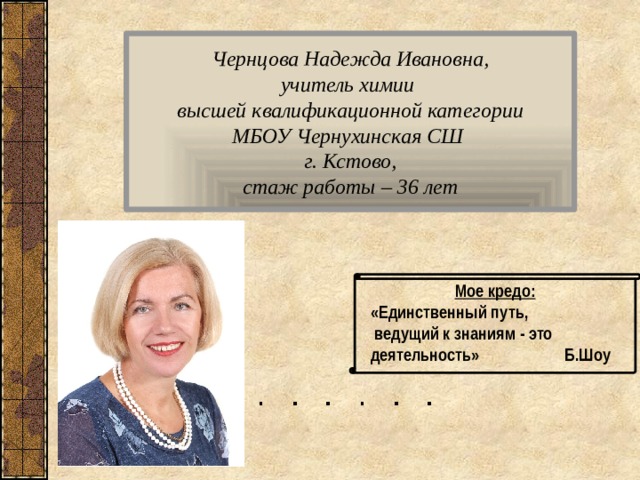 Чернцова Надежда Ивановна,  учитель химии  высшей квалификационной категории  МБОУ Чернухинская СШ  г. Кстово,  стаж работы – 36 лет Мое кредо: «Единственный путь,  ведущий к знаниям - это деятельность» Б.Шоу   