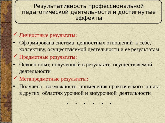 Результативность профессиональной педагогической деятельности и достигнутые эффекты Личностные результаты: Сформирована система ценностных отношений к себе, коллективу, осуществляемой деятельности и ее результатам Предметные результаты: Освоен опыт, полученный в результате осуществляемой деятельности Метапредметные результаты: Получена возможность применения практического опыта в других областях урочной и внеурочной деятельности  