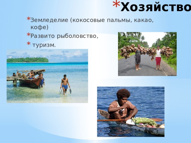 Хозяйство Земледелие (кокосовые пальмы, какао, кофе) Развито рыболовство,  туризм. 