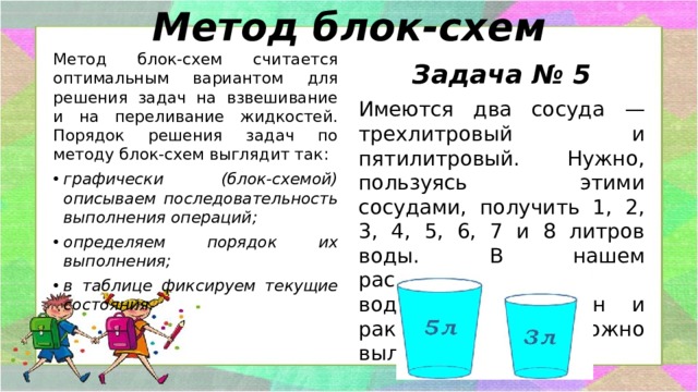 Метод блок-схем   Метод блок-схем считается оптимальным вариантом для решения задач на взвешивание и на переливание жидкостей. Порядок решения задач по методу блок-схем выглядит так: графически (блок-схемой) описываем последовательность выполнения операций; определяем порядок их выполнения; в таблице фиксируем текущие состояния. Задача № 5 Имеются два сосуда — трехлитровый и пятилитровый. Нужно, пользуясь этими сосудами, получить 1, 2, 3, 4, 5, 6, 7 и 8 литров воды. В нашем распоряжении водопроводный кран и раковина, куда можно выливать воду.   