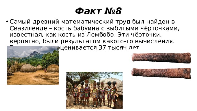 Факт №8 Самый древний математический труд был найден в Свазиленде – кость бабуина с выбитыми чёрточками, известная, как кость из Лембобо. Эти чёрточки, вероятно, были результатом какого-то вычисления. Возраст кости оценивается 37 тысяч лет. 