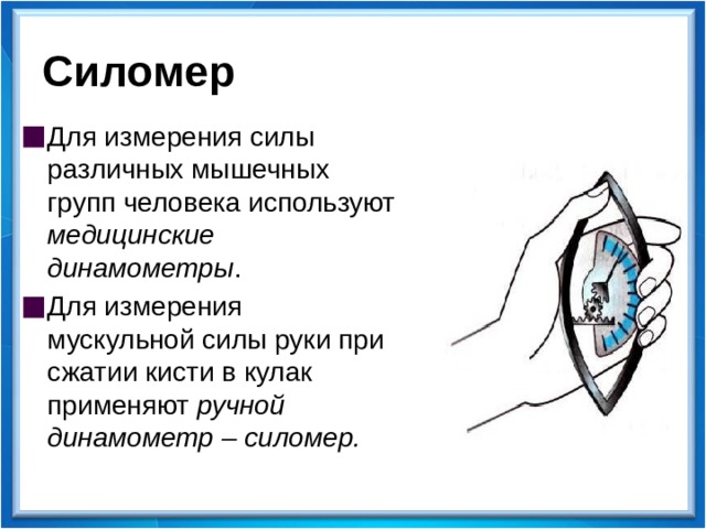 Силомер Для измерения силы различных мышечных групп человека используют медицинские динамометры . Для измерения мускульной силы руки при сжатии кисти в кулак применяют ручной динамометр – силомер.  