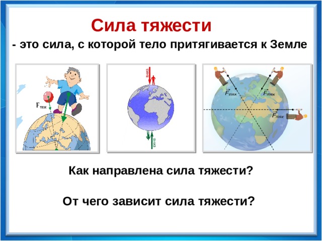 Сила тяжести - это сила, с которой тело притягивается к Земле Как направлена сила тяжести? От чего зависит сила тяжести? 