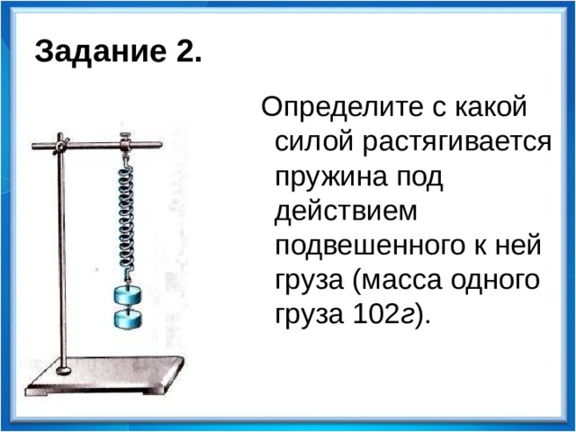 Задание 2.  Определите с какой силой растягивается пружина под действием подвешенного к ней груза (масса одного груза 102 г ).  