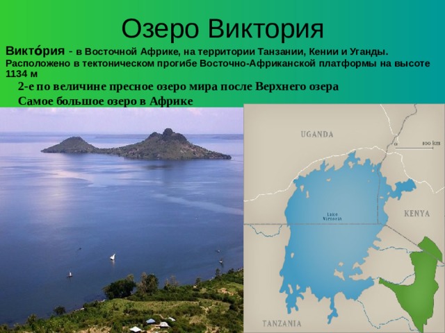 Озеро Виктория Викто́рия  -  в Восточной Африке, на территории Танзании, Кении и Уганды. Расположено в тектоническом прогибе Восточно-Африканской платформы на высоте 1134 м  2-е по величине пресное озеро мира после Верхнего озера  Самое большое озеро в Африке   