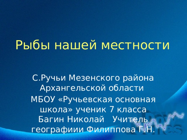Рыбы нашей местности С.Ручьи Мезенского района Архангельской области МБОУ «Ручьевская основная школа» ученик 7 класса Багин Николай Учитель географиии Филиппова Г.Н. 