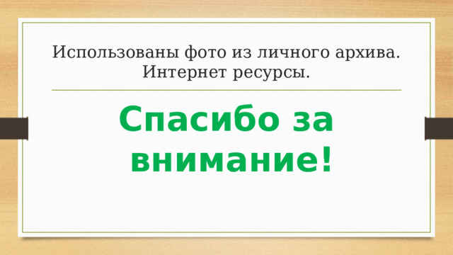 Использованы фото из личного архива.  Интернет ресурсы. Спасибо за внимание! 