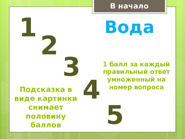 В начало 1 Вода 2 1 балл за каждый правильный ответ умноженный на номер вопроса 3 4 Подсказка в виде картинки снимает половину баллов 5 