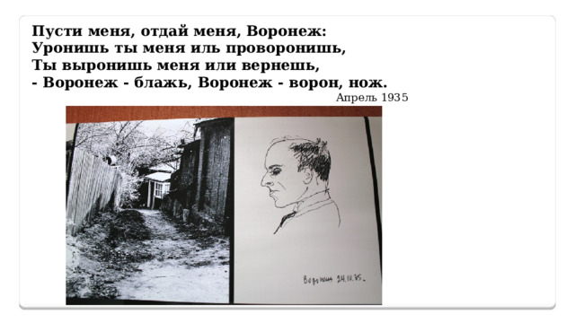 Пусти меня, отдай меня, Воронеж: Уронишь ты меня иль проворонишь, Ты выронишь меня или вернешь, - Воронеж - блажь, Воронеж - ворон, нож. Апрель 1935 
