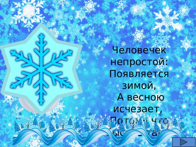 Человечек непростой: Появляется зимой,  А весною исчезает, Потому что быстро тает. 