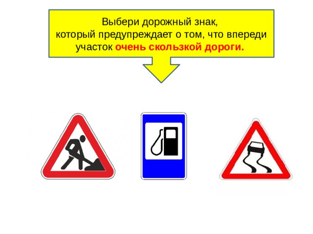 Выбери дорожный   знак, который предупреждает о том, что впереди участок очень скользкой дороги. 