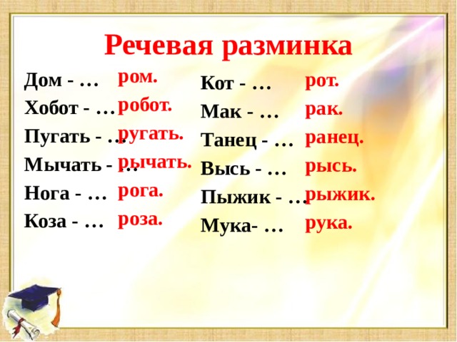 Речевая разминка ром. робот. ругать. рычать. рога. роза. рот. рак. Дом - … Хобот - … ранец. Пугать - … рысь. Мычать - … рыжик. Нога - … рука. Коза - … Кот - … Мак - … Танец - … Высь - … Пыжик - … Мука- …