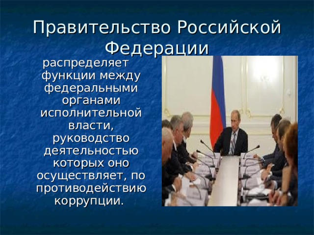 Правительство Российской Федерации распределяет функции между федеральными органами исполнительной власти, руководство деятельностью которых оно осуществляет, по противодействию коррупции. 