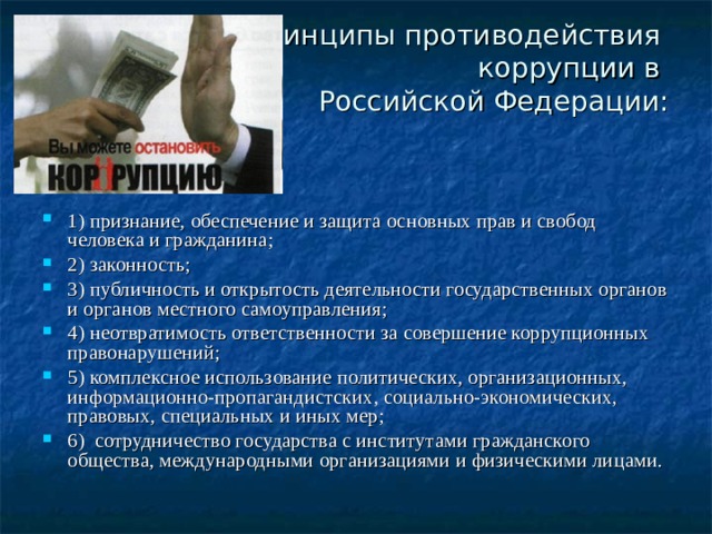 Принципы противодействия  коррупции в  Российской Федерации:   1) признание, обеспечение и защита основных прав и свобод человека и гражданина; 2) законность; 3) публичность и открытость деятельности государственных органов и органов местного самоуправления; 4) неотвратимость ответственности за совершение коррупционных правонарушений; 5) комплексное использование политических, организационных, информационно-пропагандистских, социально-экономических, правовых, специальных и иных мер; 6) сотрудничество государства с институтами гражданского общества, международными организациями и физическими лицами. 