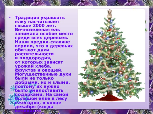 Традиция украшать елку насчитывает свыше 2000 лет. Вечнозеленая ель занимала особое место среди всех деревьев. Наши предки-славяне верили, что в деревьях обитают духи растительности и плодородия, от которых зависит урожай хлеба, фруктов и овощей. Могущественные духи были не только добрыми, но и злыми, поэтому их нужно было умилостивить подарками. На самой большой елке в лесу ежегодно, в конце декабря (когда начинался «солнечный» год), люди «развешивали разные подарки» для духов, чтобы сделать их добрее и получить богатый урожай. 