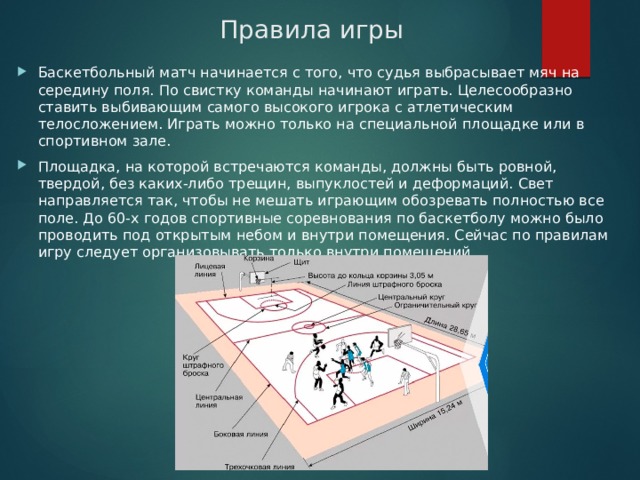 Правила игры Баскетбольный матч начинается с того, что судья выбрасывает мяч на середину поля. По свистку команды начинают играть. Целесообразно ставить выбивающим самого высокого игрока с атлетическим телосложением. Играть можно только на специальной площадке или в спортивном зале. Площадка, на которой встречаются команды, должны быть ровной, твердой, без каких-либо трещин, выпуклостей и деформаций. Свет направляется так, чтобы не мешать играющим обозревать полностью все поле. До 60-х годов спортивные соревнования по баскетболу можно было проводить под открытым небом и внутри помещения. Сейчас по правилам игру следует организовывать только внутри помещений. 