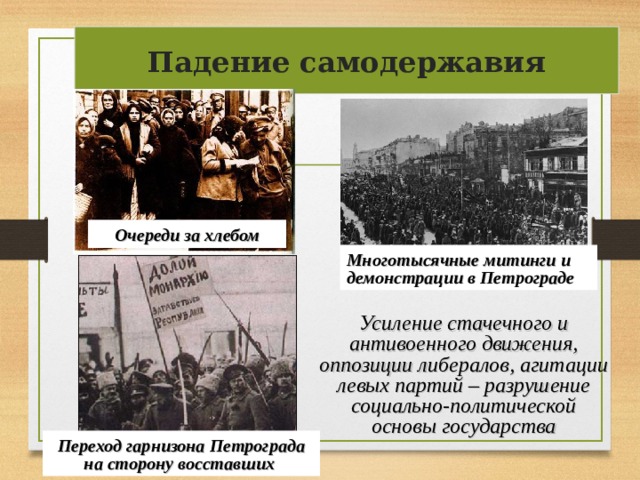 Падение самодержавия Очереди за хлебом Многотысячные митинги и демонстрации в Петрограде Усиление стачечного и антивоенного движения, оппозиции либералов, агитации левых партий – разрушение социально-политической основы государства Переход гарнизона Петрограда на сторону восставших  