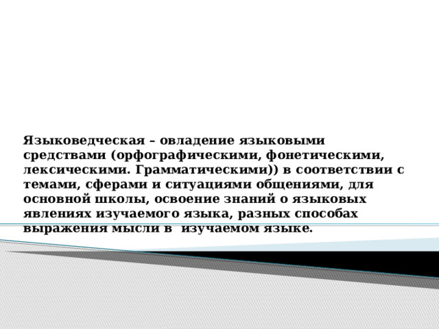 предметные компетентности Языковедческая – овладение языковыми средствами (орфографическими, фонетическими, лексическими. Грамматическими)) в соответствии с темами, сферами и ситуациями общениями, для основной школы, освоение знаний о языковых явлениях изучаемого языка, разных способах выражения мысли в изучаемом языке.  