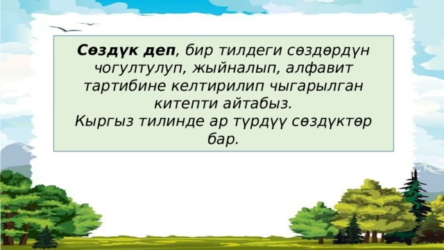 Сөздүк деп , бир тилдеги сөздөрдүн чогултулуп, жыйналып, алфавит тартибине келтирилип чыгарылган китепти айтабыз. Кыргыз тилинде ар түрдүү сөздүктөр бар. 