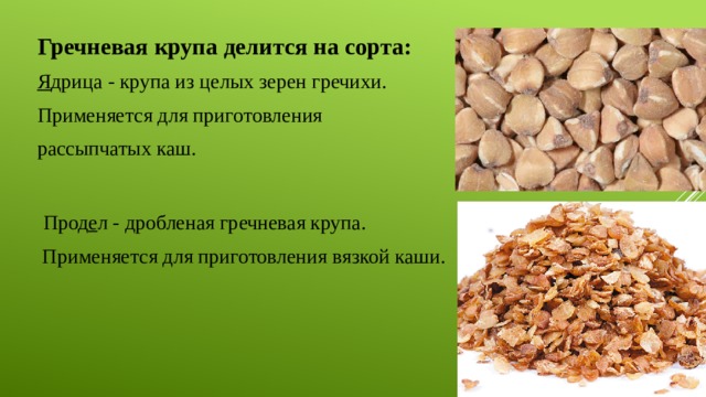Гречневая крупа делится на сорта: Я дрица - крупа из целых зерен гречихи. Применяется для приготовления рассыпчатых каш.  Прод е л - дробленая гречневая крупа.  Применяется для приготовления вязкой каши. 