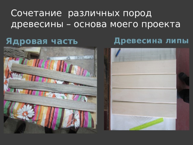 Сочетание различных пород древесины – основа моего проекта Ядровая часть древесины ореха Древесина липы