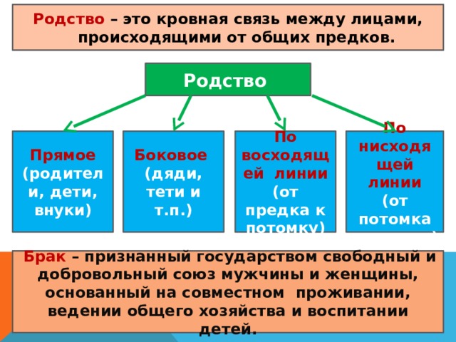 Родство – это кровная связь между лицами, происходящими от общих предков. Родство Прямое По восходящей линии По нисходящей линии (родители, дети, внуки) (от предка к потомку) (от потомка к предку) Боковое (дяди, тети и т.п.)  Брак – признанный государством свободный и добровольный союз мужчины и женщины, основанный на совместном проживании, ведении общего хозяйства и воспитании детей. 