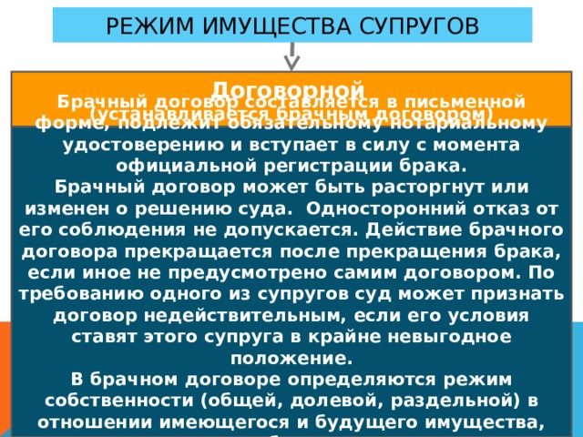 Режим имущества супругов Договорной (устанавливается брачным договором) Брачный договор составляется в письменной форме, подлежит обязательному нотариальному удостоверению и вступает в силу с момента официальной регистрации брака. Брачный договор может быть расторгнут или изменен о решению суда. Односторонний отказ от его соблюдения не допускается. Действие брачного договора прекращается после прекращения брака, если иное не предусмотрено самим договором. По требованию одного из супругов суд может признать договор недействительным, если его условия ставят этого супруга в крайне невыгодное положение. В брачном договоре определяются режим собственности (общей, долевой, раздельной) в отношении имеющегося и будущего имущества, доходов, права и обязанности супругов по взаимному содержанию и т.п. Брачный договор – это соглашение лиц, вступающих в брак, или супругов, определяющее их имущественные права и обязанности в браке и/или при расторжении брака 