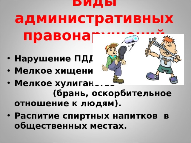 Виды административных правонарушений Нарушение ПДД. Мелкое хищение. Мелкое хулиганство (брань, оскорбительное отношение к людям). Распитие спиртных напитков в общественных местах.   