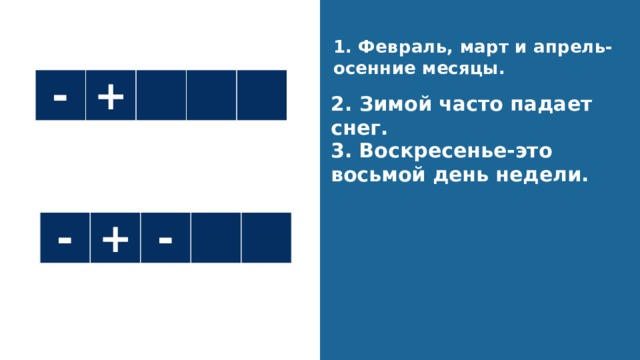 Повторение 1. Февраль, март и апрель-осенние месяцы. - + 2. Зимой часто падает снег. 3. Воскресенье-это восьмой день недели. - + - 