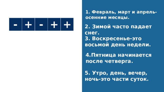 Повторение 1. Февраль, март и апрель-осенние месяцы. - + - + + 2. Зимой часто падает снег. 3. Воскресенье-это восьмой день недели. Времена года Месяцы Дни недели Части суток  4.Пятница начинается после четверга. 5. Утро, день, вечер, ночь-это части суток. 