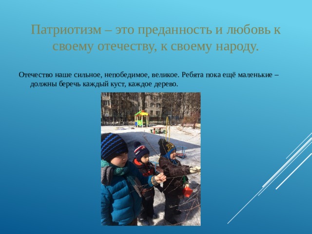 Патриотизм – это преданность и любовь к своему отечеству, к своему народу. Отечество наше сильное, непобедимое, великое. Ребята пока ещё маленькие – должны беречь каждый куст, каждое дерево. 