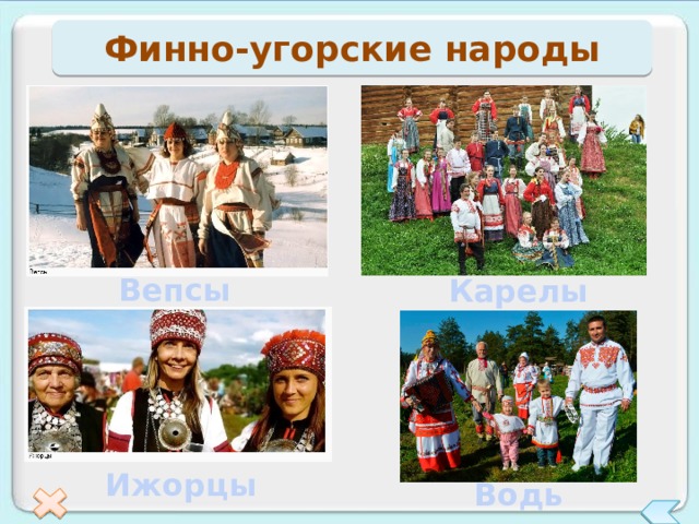 Финно-угорские народы Вепсы Карелы Первый щелчок на 1 значок -появится изображение, второй щелчок-информация, третий все исчезнет. Урбанизация –щелчок по кружку города Санкт-Петербург , появляется информация о городе Ижорцы Водь 13 