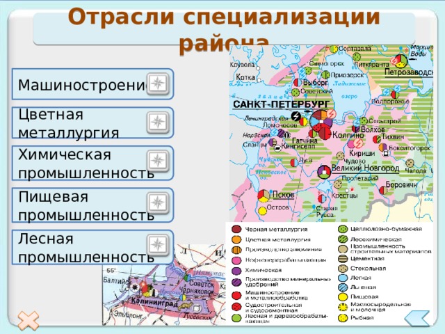 Отрасли специализации района Машиностроение Цветная металлургия Химическая промышленность Пищевая промышленность Лесная промышленность 