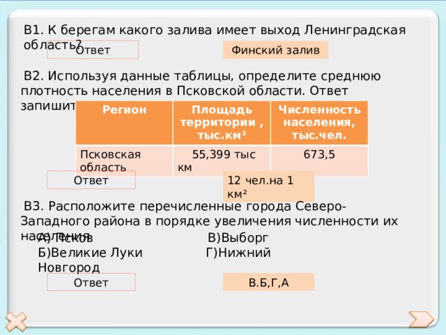 В1. К берегам какого залива имеет выход Ленинградская область? Ответ Финский залив  В2. Используя данные таблицы, определите среднюю плотность населения в Псковской области. Ответ запишите цифрами. Регион Площадь территории , тыс.км² Псковская область Численность населения, тыс.чел.  55,399 тыс км 673,5 Ответ 12 чел.на 1 км²  В3. Расположите перечисленные города Северо-Западного района в порядке увеличения численности их населения А) Псков В)Выборг Б)Великие Луки Г)Нижний Новгород Ответ В.Б,Г,А 