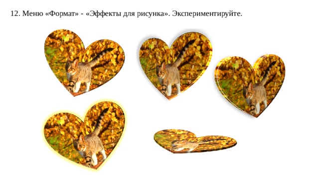 12. Меню «Формат» - «Эффекты для рисунка». Экспериментируйте. 