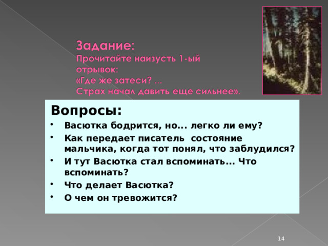 Вопросы: Васютка бодрится, но... легко ли ему? Как передает писатель состояние мальчика, когда тот понял, что заблудился? И тут Васютка стал вспоминать... Что вспоминать? Что делает Васютка? О чем он тревожится?  